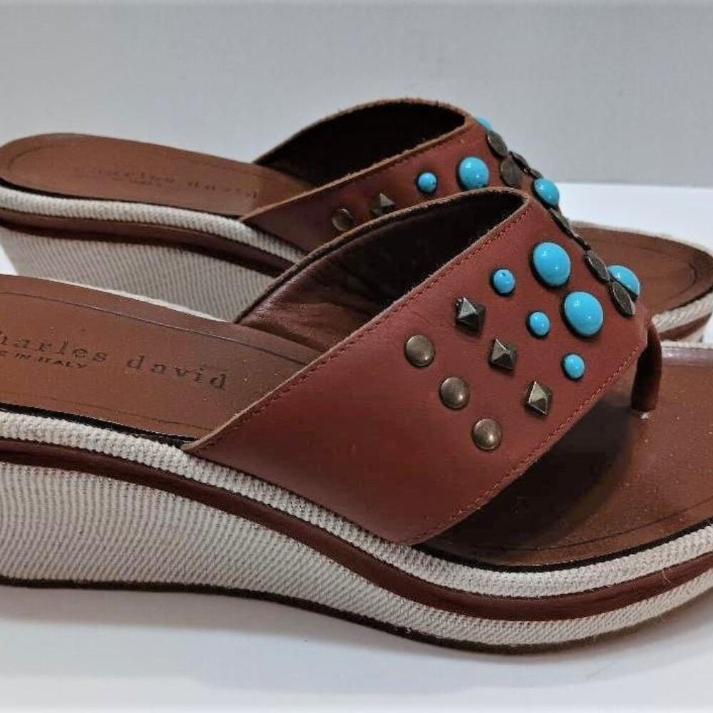 Charles David 70s Retro Leather Wedge Shoes 9M Turquoise Stones Metal Studs Mule